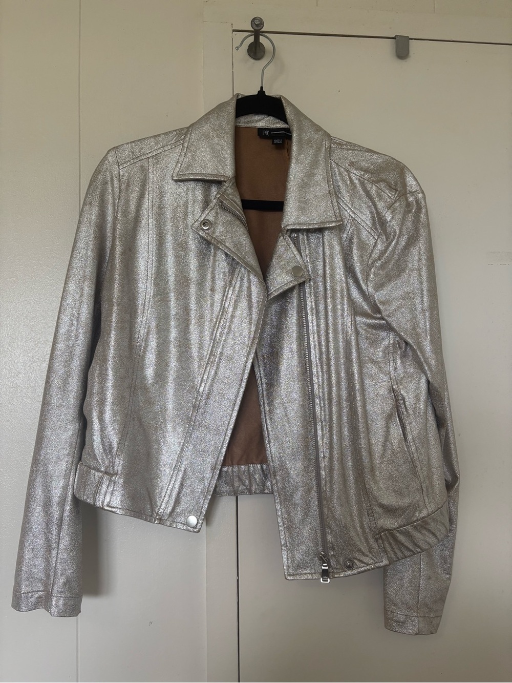 INC International Concepts silver metallic faux leather moto jacket